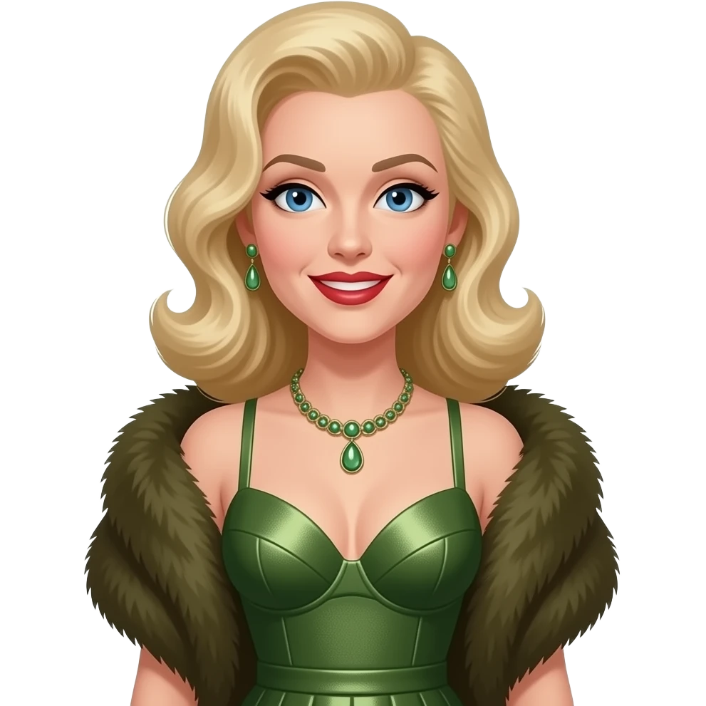 Patty Andrews from The Andrews Singers with blue eyes, long blonde pin-up hair, olive fur shawl, olive metallic bra, olive metallic long skirt, necklace and earrings emoji