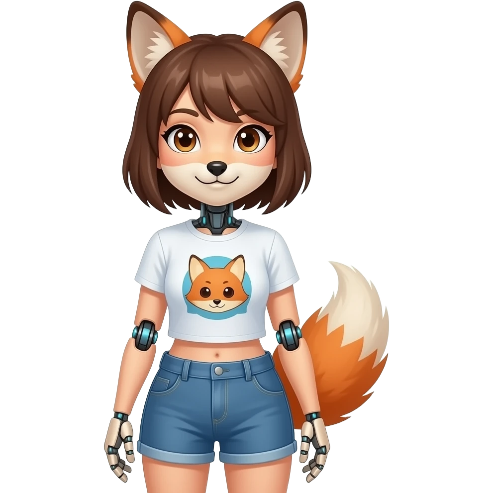A humanoid robot female fox wearing a tee shirt and shorts emoji