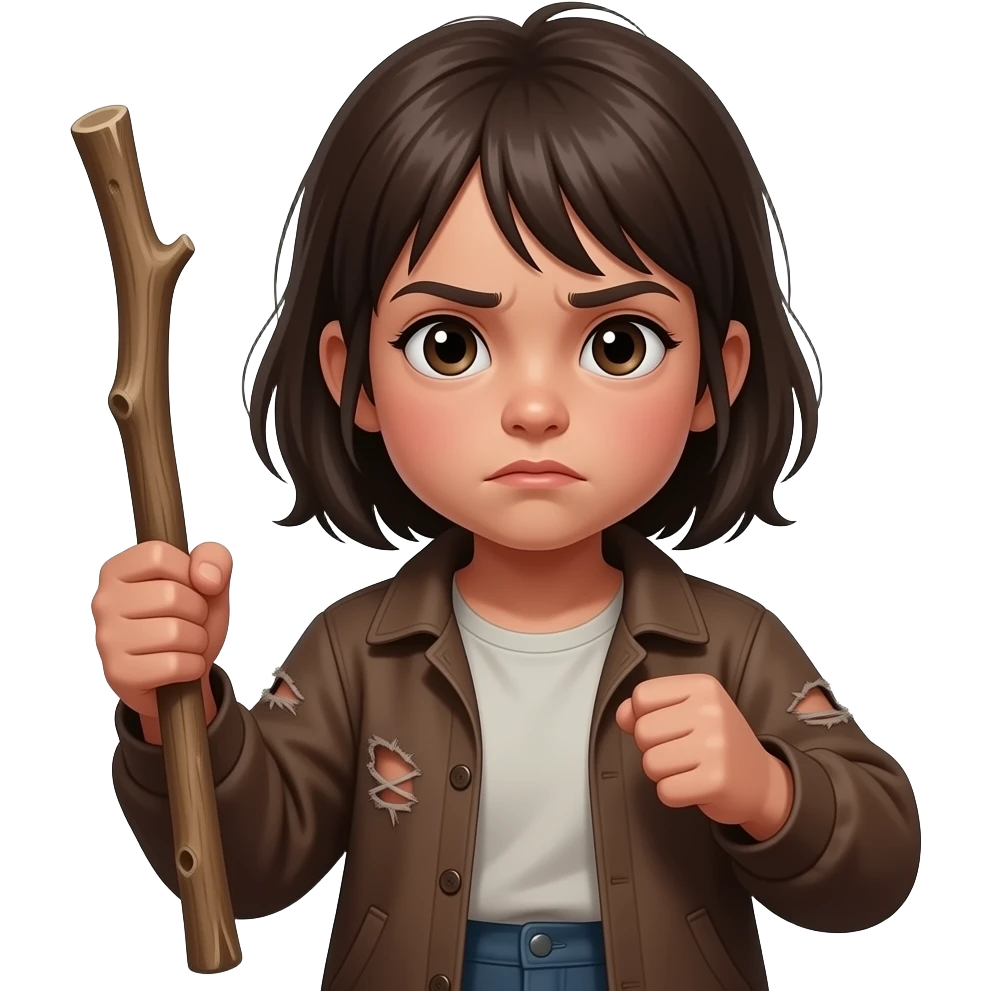 Homeless 4 year old girl with a stick Threatening with a stick, she is very homeless, her clothes are brown and Toren emoji