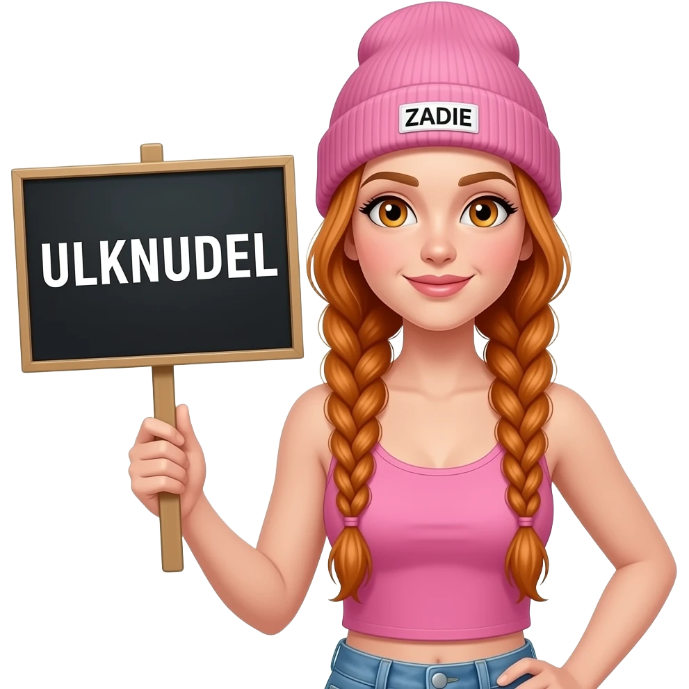 sexy girl with overlong ginger braids and ginger eyes wearing a pink tanktop and a pink beanie with ZADIE written on it, is holding a black sign with ULKNUDEL written on it emoji