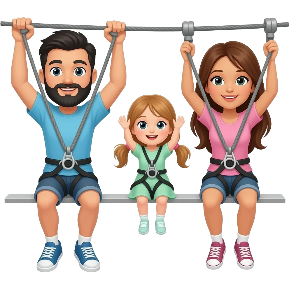 a man with black hair and a black beard with a woman with long brown hair and a little girl with long light brown hair on a zip line emoji