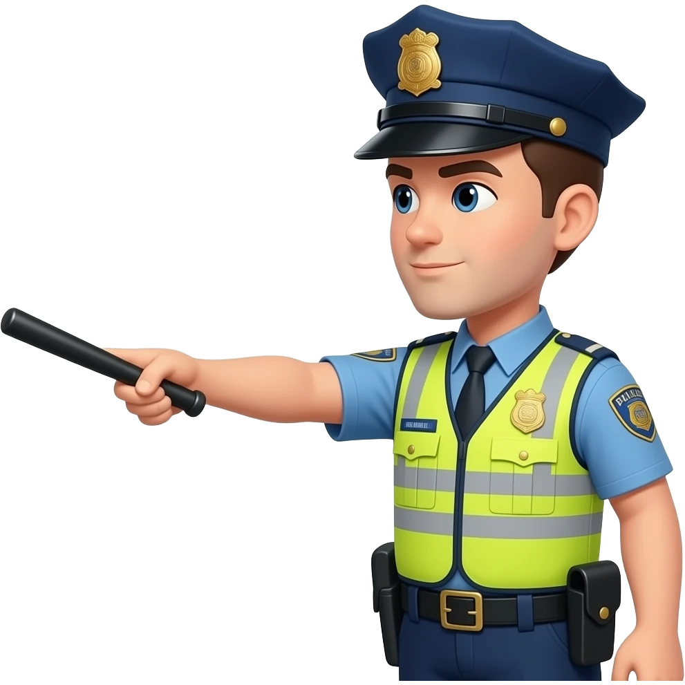 Flat design traffic cop character in side profile, arm pointing  forward with baton showing direction signal, yellow reflective vest,  blue uniform, police hat, clean simple cartoon style, educational  illustration, white background emoji