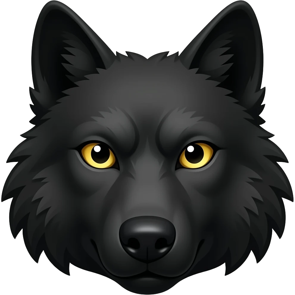 Lobo preto, apenas o rosto com uma expressão de adulto olhando para vc com olhos amarelos , com o rosto mais sério emoji