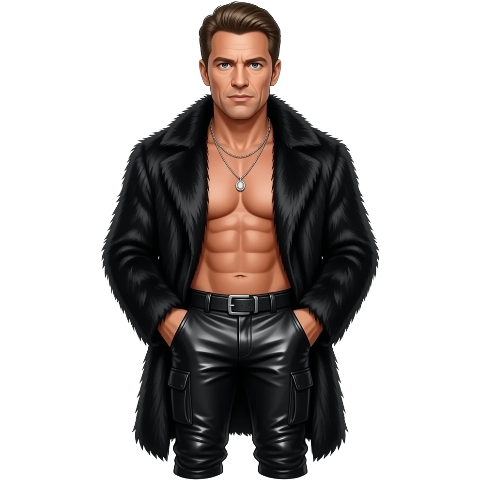 Dolph Lundgren with blue eyes, dark blonde hair, black fur coat, black metallic baggy pants, shirtless with necklace emoji