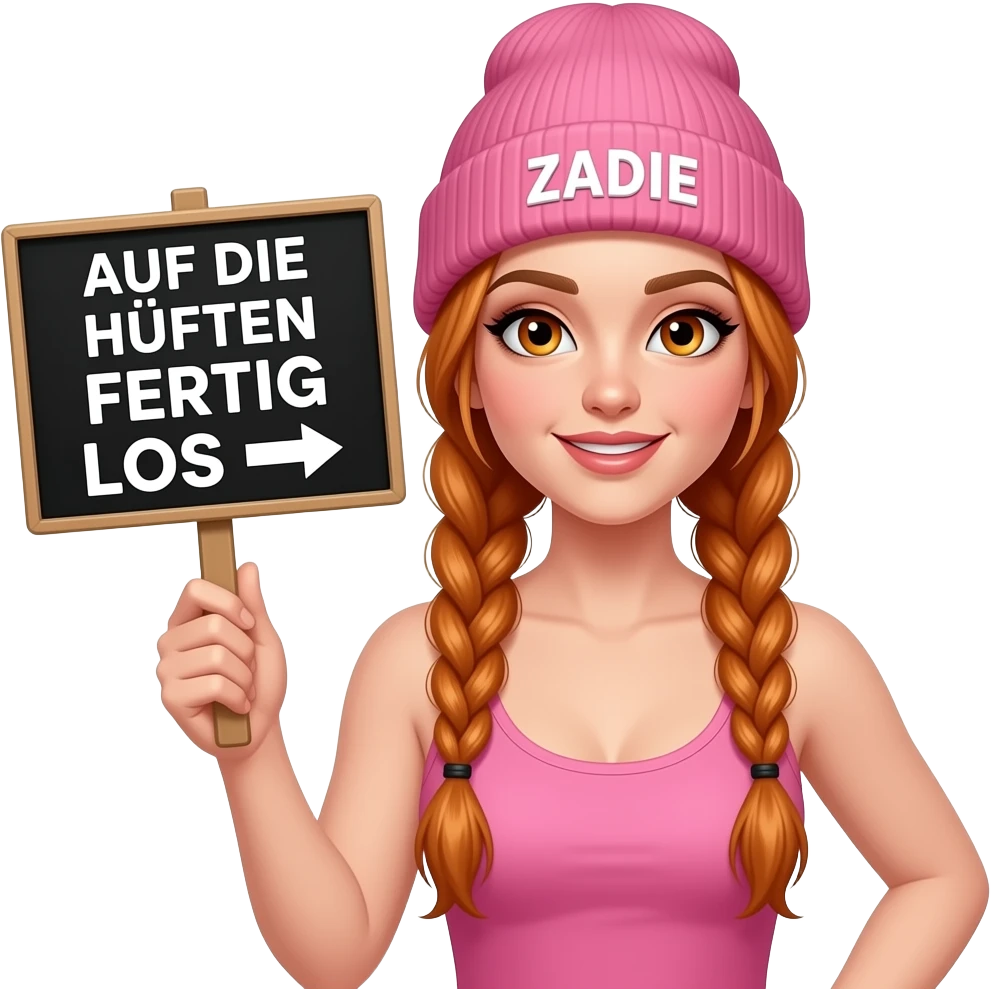 sexy girl with overlong ginger braids and ginger eyes wearing a pink tanktop and a pink beanie with ZADIE written on it, is holding a black sign with AUF DIE HÜFTEN FERTIG LOS ➡️written on it emoji