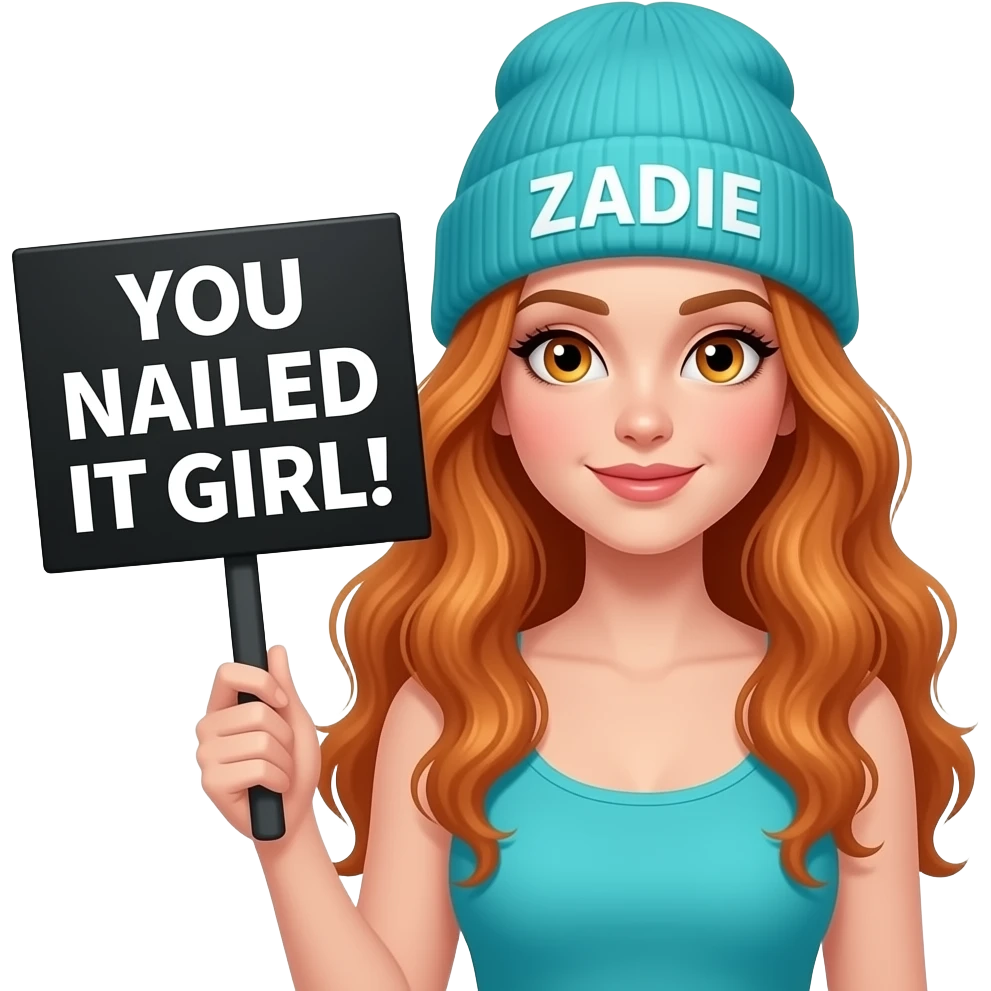 sexy girl with overlong wavy ginger hair and ginger eyes wearing a turquoise tanktop and a turquoise beanie with ZADIE written on it, is holding a black sign with YOU NAILED IT GIRL!written on it emoji