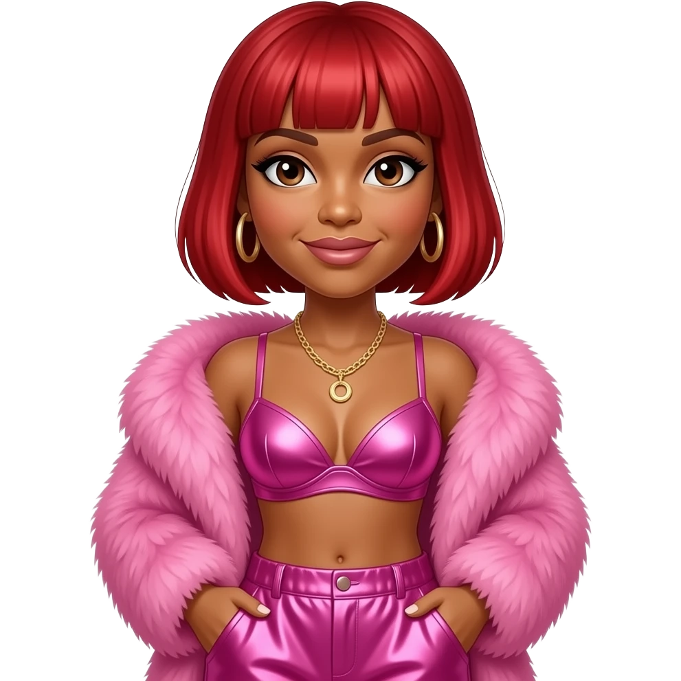 T-Boz from TLC with brown eyes, red bob hair, pink fur shawl, hot pink metallic bra, hot pink metallic baggy pants, necklace and earrings emoji