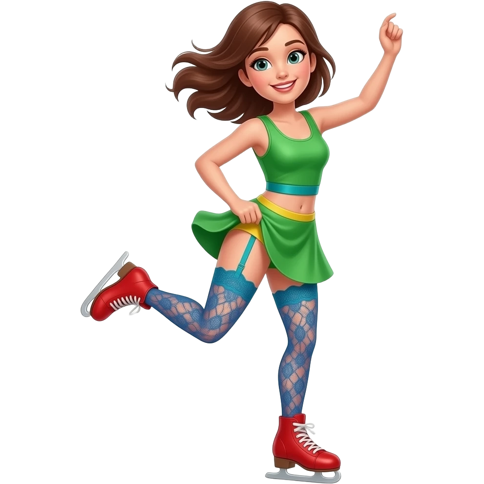Girl(With Red Shoes With Orange Trim) Jumps And Lifts Green Short Dress Without Sleeves Up To See Blue Lace Stocking With Teal Garter Belt With Lace Yellow Panties And Belly Button In Skating Windy Dancing. emoji
