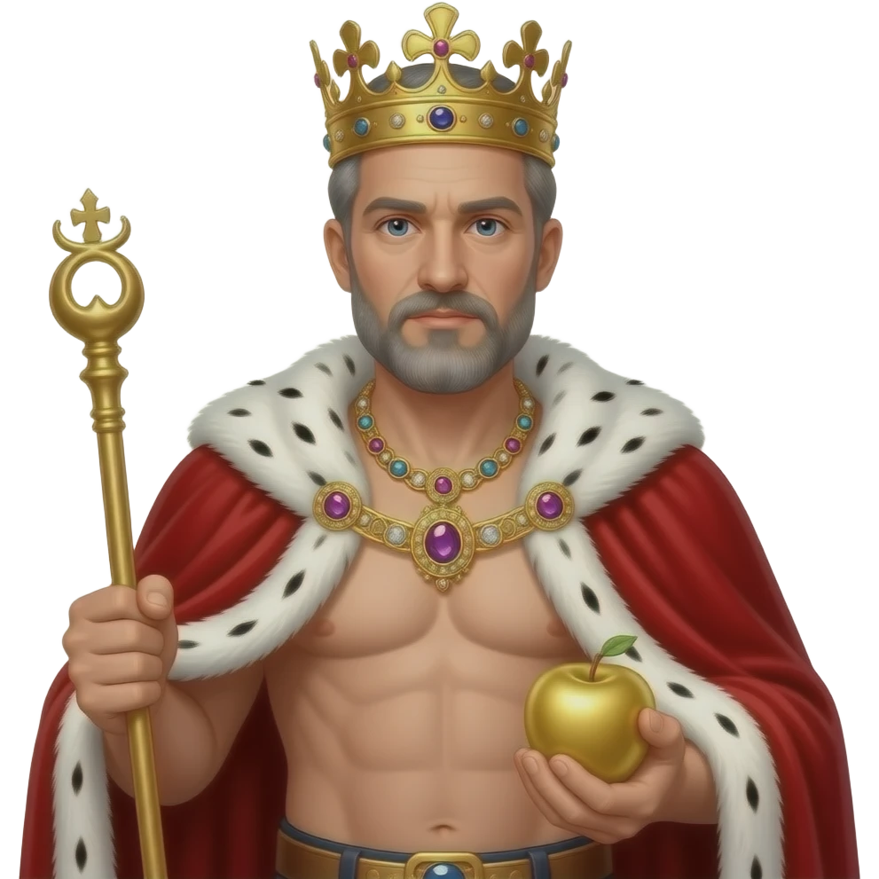 Portrait von einem König um die 40 mit leicht grauen Strähnen in den Haaren und Bart. er trägt eine prunkvolle königliche krone und Goldkette mit Edelsteinen. Er hat kein Hemd an aber ein weit geöffneter roter samt Umhang mit weißen Pelz. Mit Zepter und eine goldenen Reichsapfel in den Händen emoji