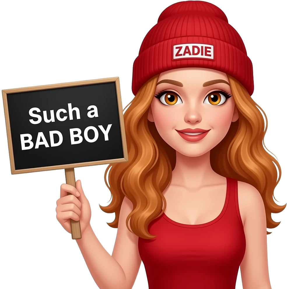 sexy girl with overlong wavy ginger hair and ginger eyes wearing a red tanktop and a red beanie with ZADIE written on it, is holding a black sign with Such a BAD BOY written on it emoji