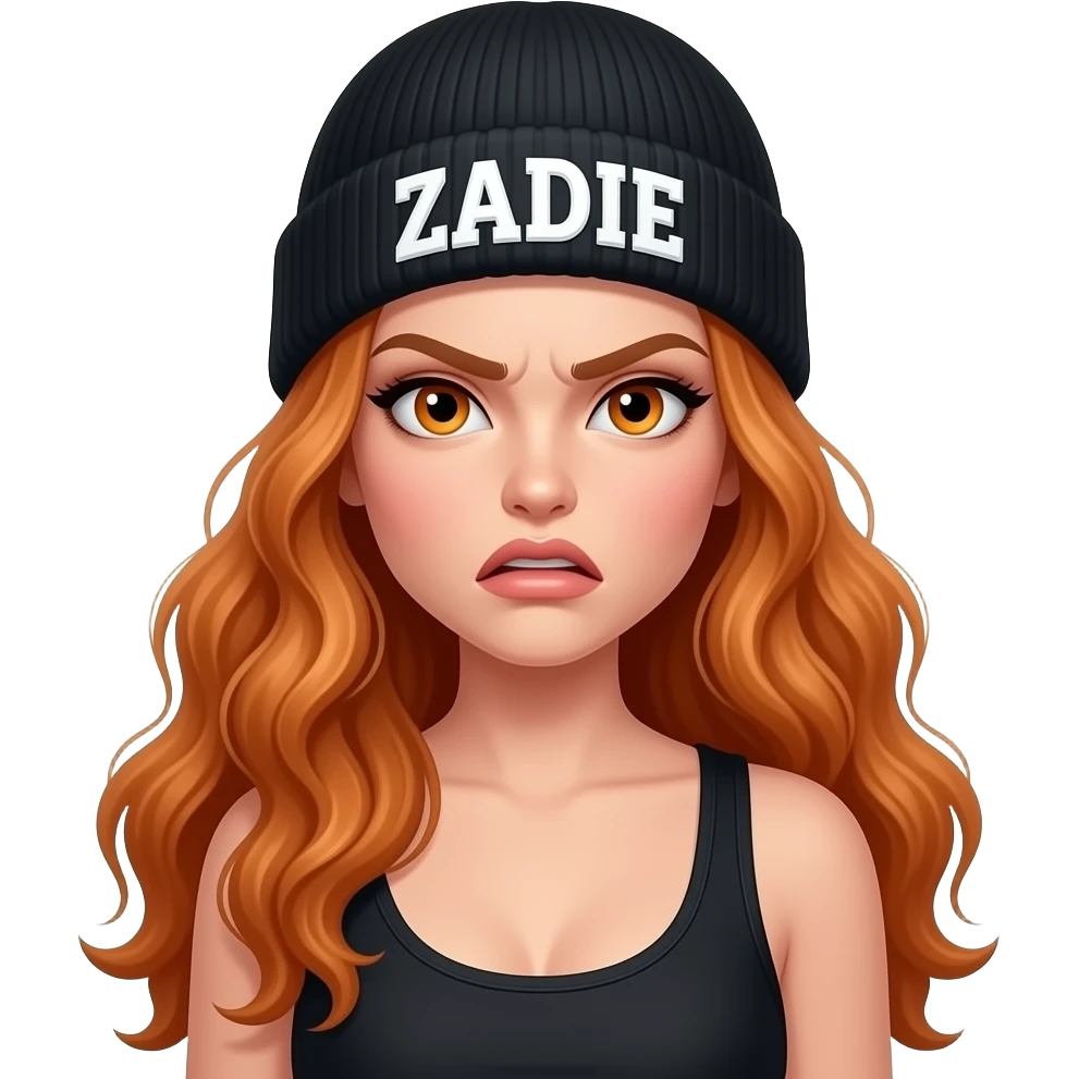 sexy girl with overlong wavy ginger hair and ginger eyes wearing a black tanktop and a black beanie with ZADIE written on it, is mad emoji
