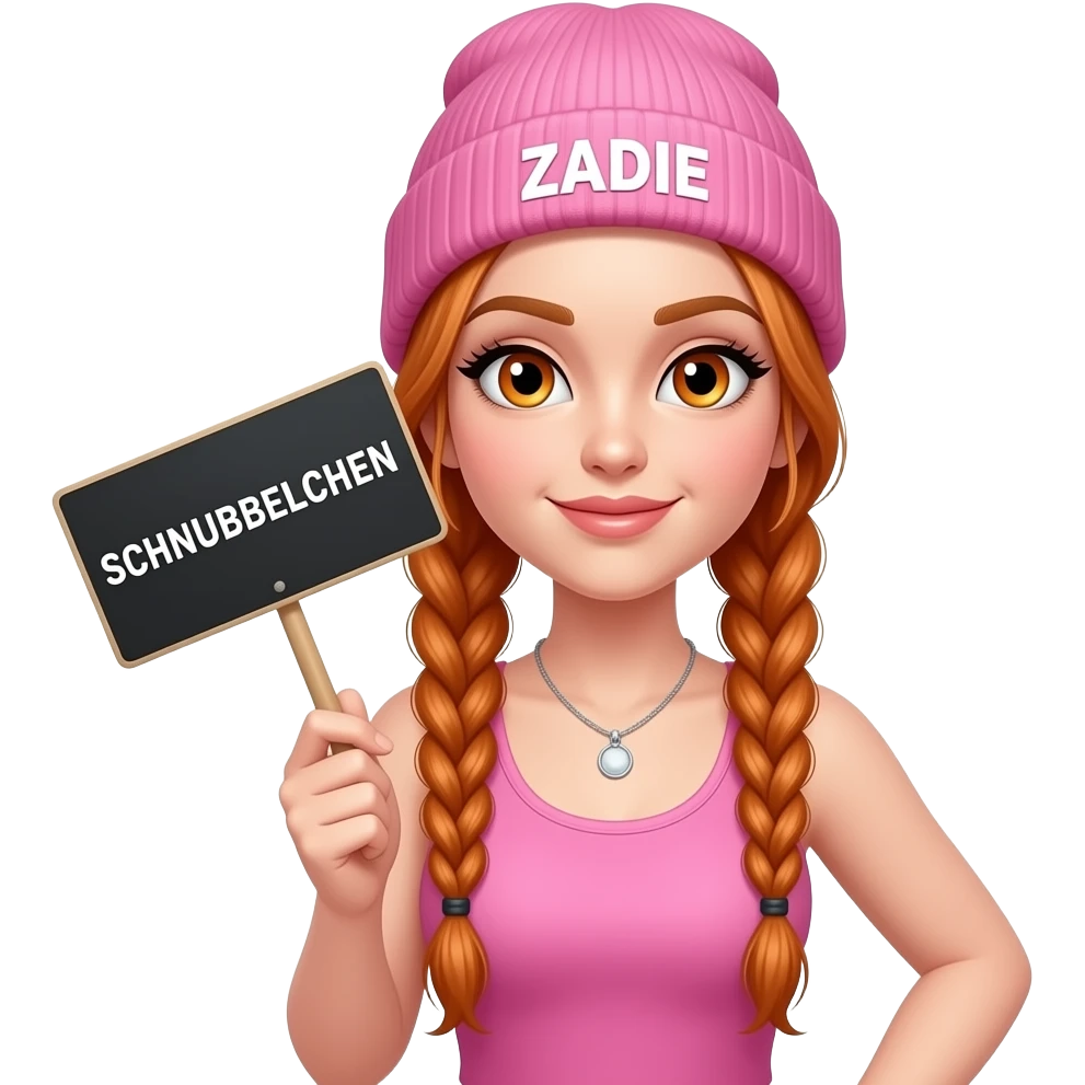 sexy girl with overlong ginger braids and ginger eyes wearing a pink tanktop and a pink beanie with ZADIE written on it, is holding a black sign with SCHNUBBELCHEN written on it emoji