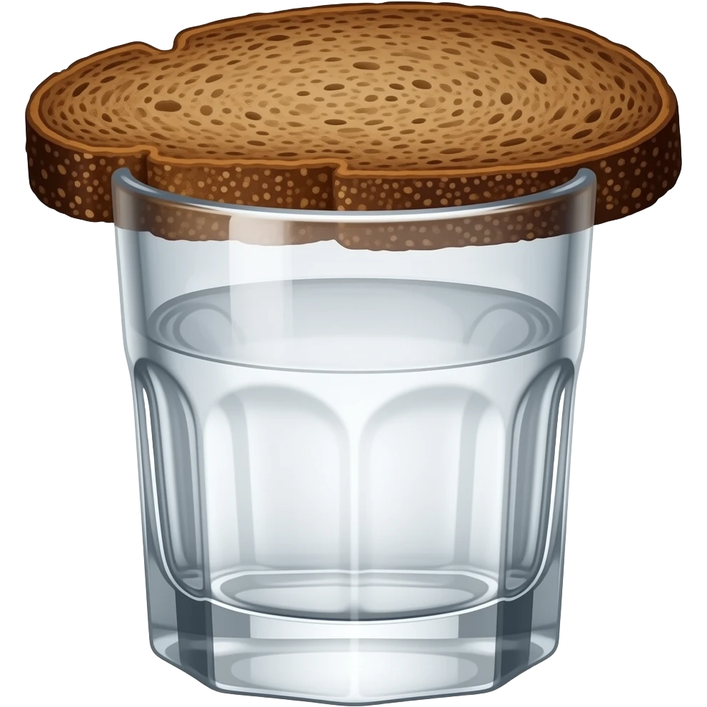 A shot of vodka in a ribbed glass and a slice of rye bread over it. Place the slice of bread so that it rests on the rim of the glass. Make the slice of bread dark rye and rectangular. emoji