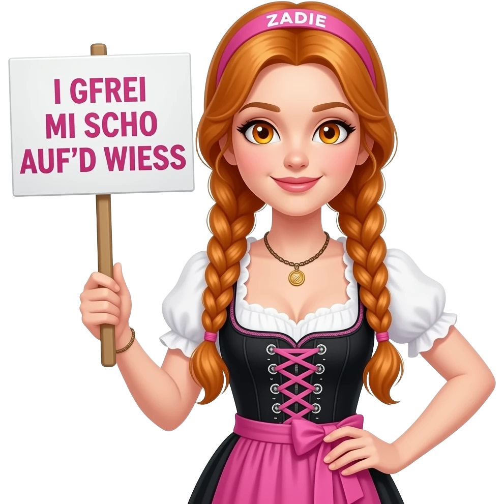 sexy girl with overlong ginger braids and ginger eyes wearing a black pink dirndl and a pink headband with ZADIE written on it, is holding a sign with I GFREI MI SCHO AUF'D WIESN written on it emoji