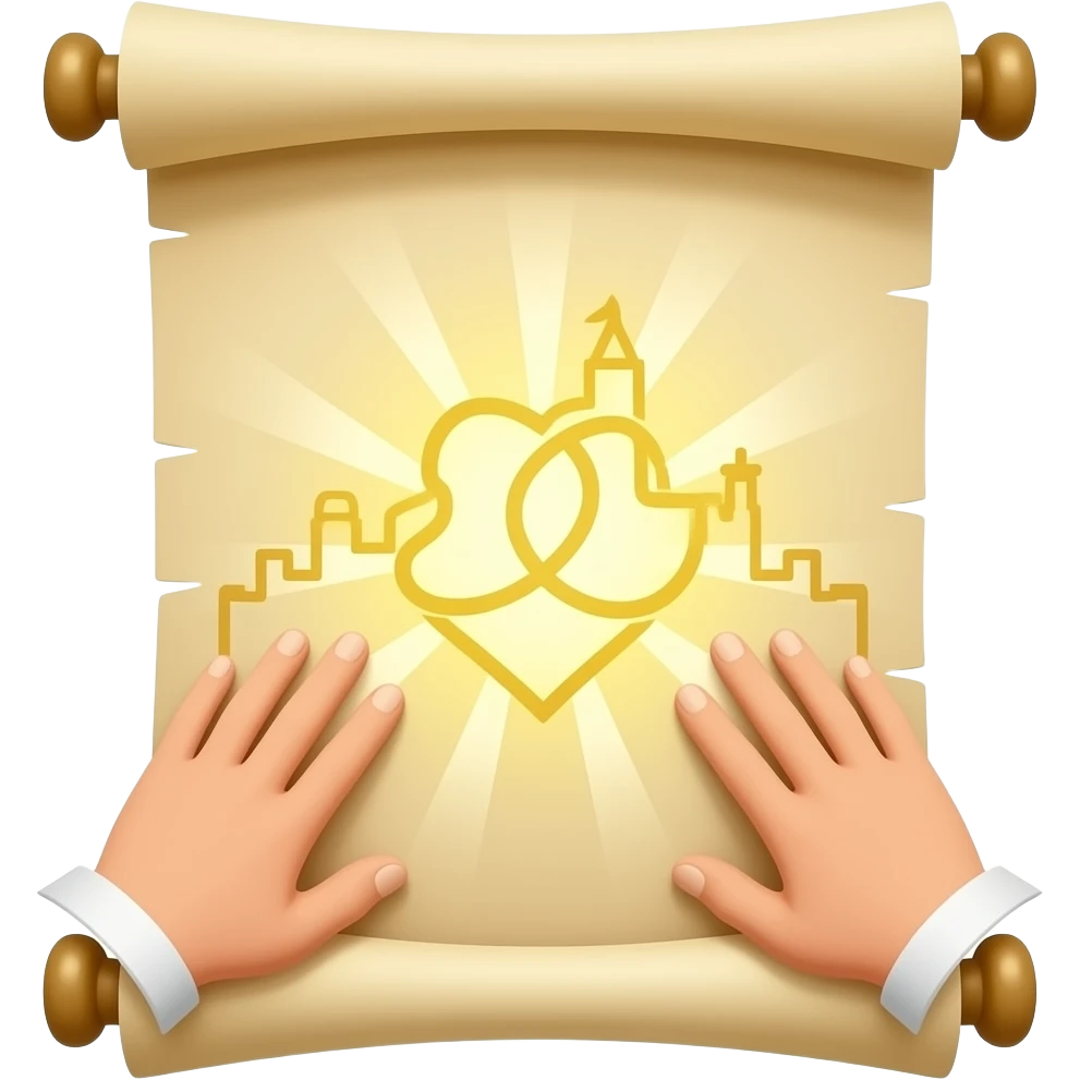 A stylized open scroll glowing with a golden light, with small intertwined hearts at its center, and faint rays radiating outward. Around it, a subtle outline of a city skyline symbolizes Jerusalem, and two hands reaching toward the scroll suggest connection and promise. emoji