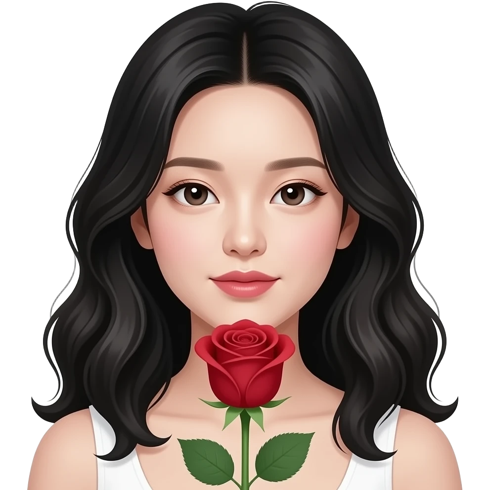 Mujer coreana recibiendo una rosa, que la chica sea piel muy clara, cabello ondulado y negro y con ojos asiáticos emoji