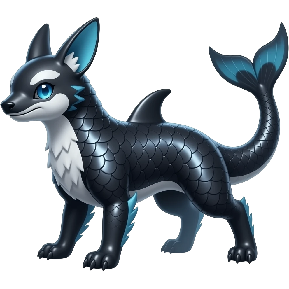 Badass Quadrupedal digitigrade shiny glossy smooth finned frilled gothic tall slim unique epic legendary shiny edgy cool cyberpunk-solarpunk-fantasy-Absol-Sprigatito-Vaporeon-Furret-Manectric-Mudkip-Fakémon-hybrid with an orca tail emoji