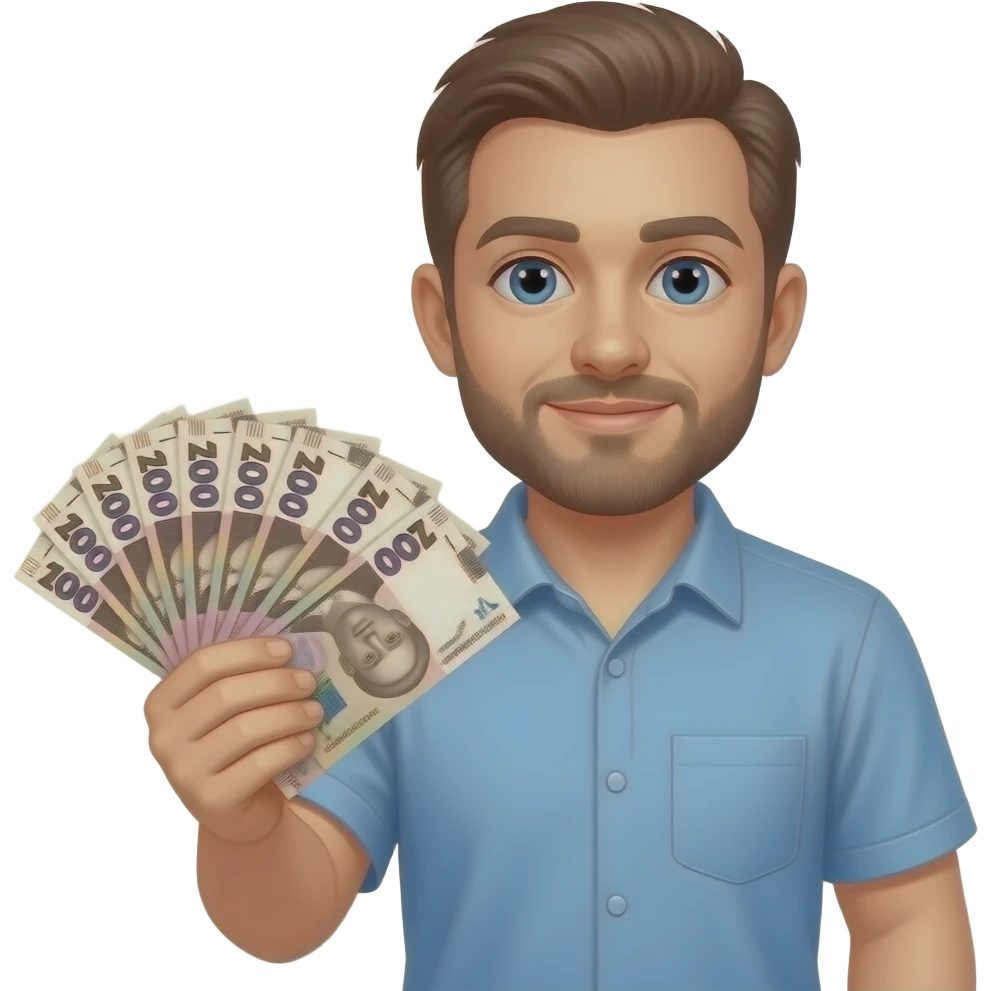 A Ukrainian man with a pack of hryvnias emoji