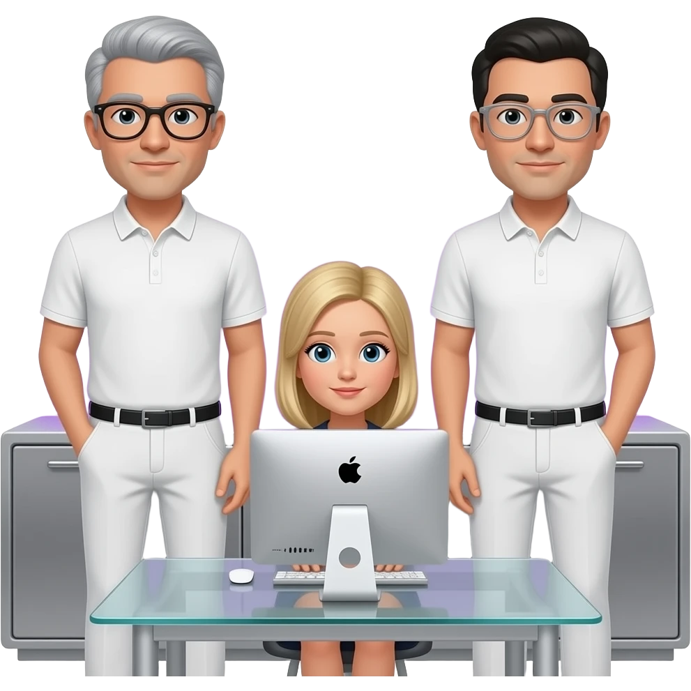 background is a silver server cabinet with purple lighting, in the foreground is a glass table and an imac computer, two men are standing, gray hair, black glasses, black hair, silver glasses, dressed in white pants and a polo shirt, a blonde girl is sitting at the table, emoji