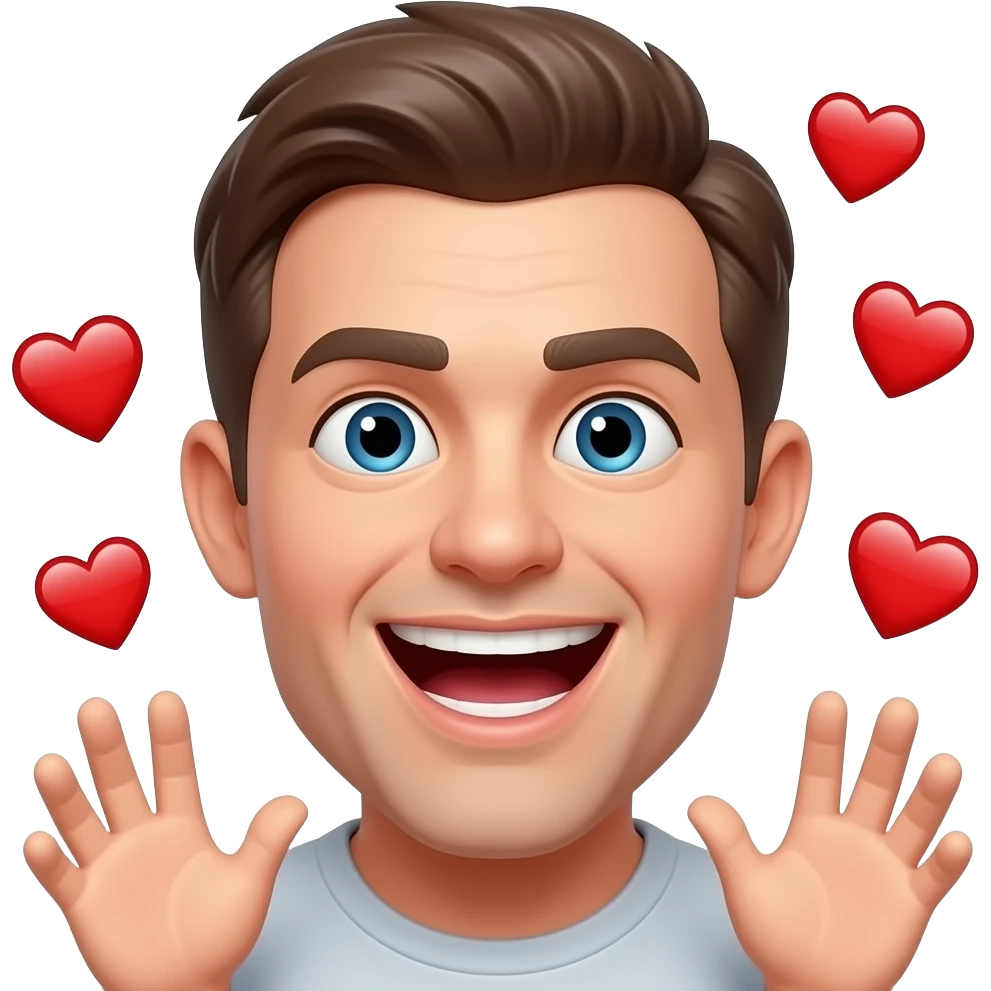realistic human face, detailed skin, text, watermark, apple emoji copy, flat design, extra hearts, distorted face, open mouth, teeth, background objects, hands, body, low quality, blurry emoji