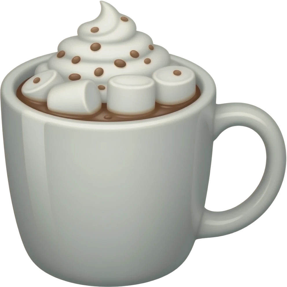 A mug of hot chocolate with marshmallows and whipped cream emoji