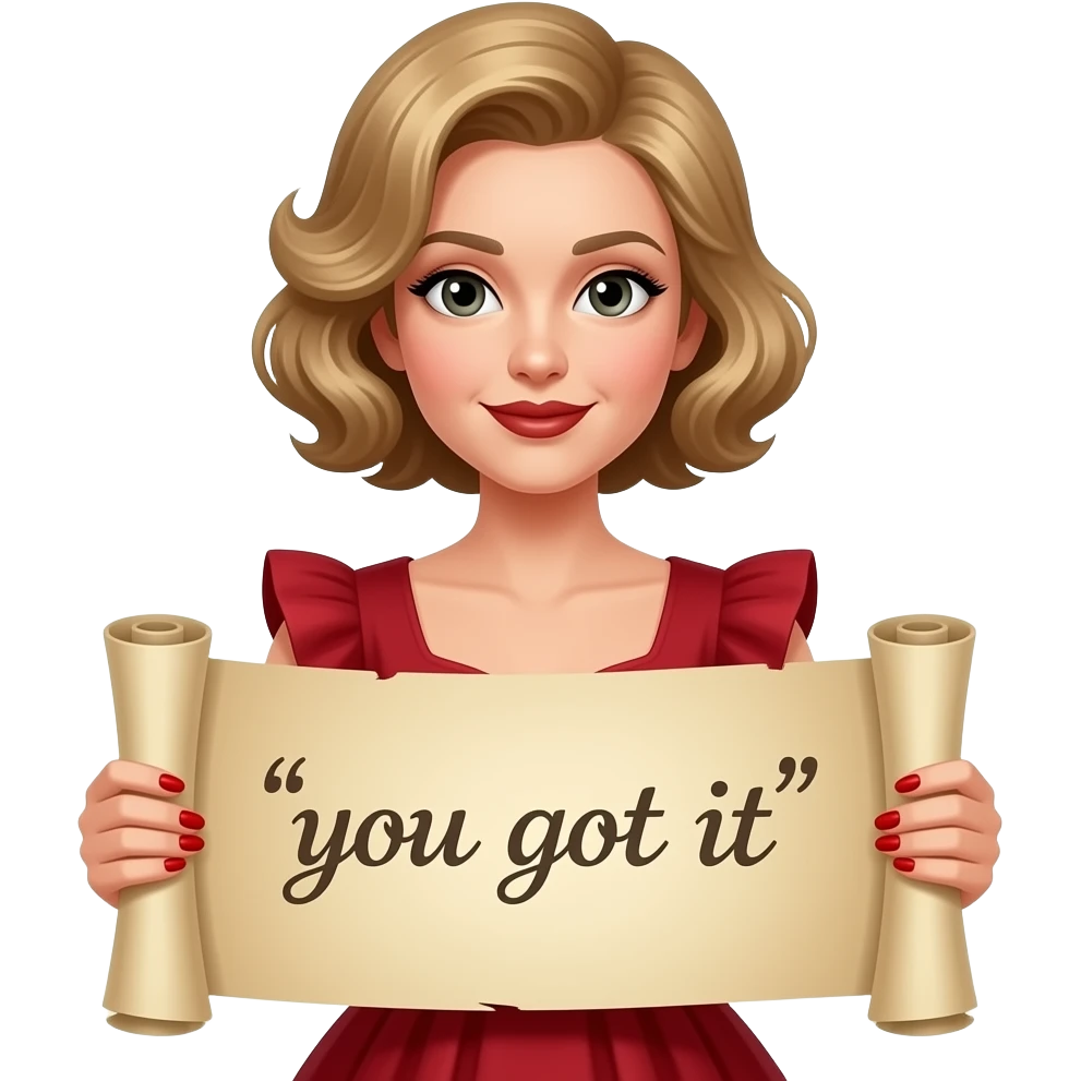 Short curly blond hair side swept Holding an open scroll saying you got it with red nail polish, brown lipstick and red vintage dress emoji