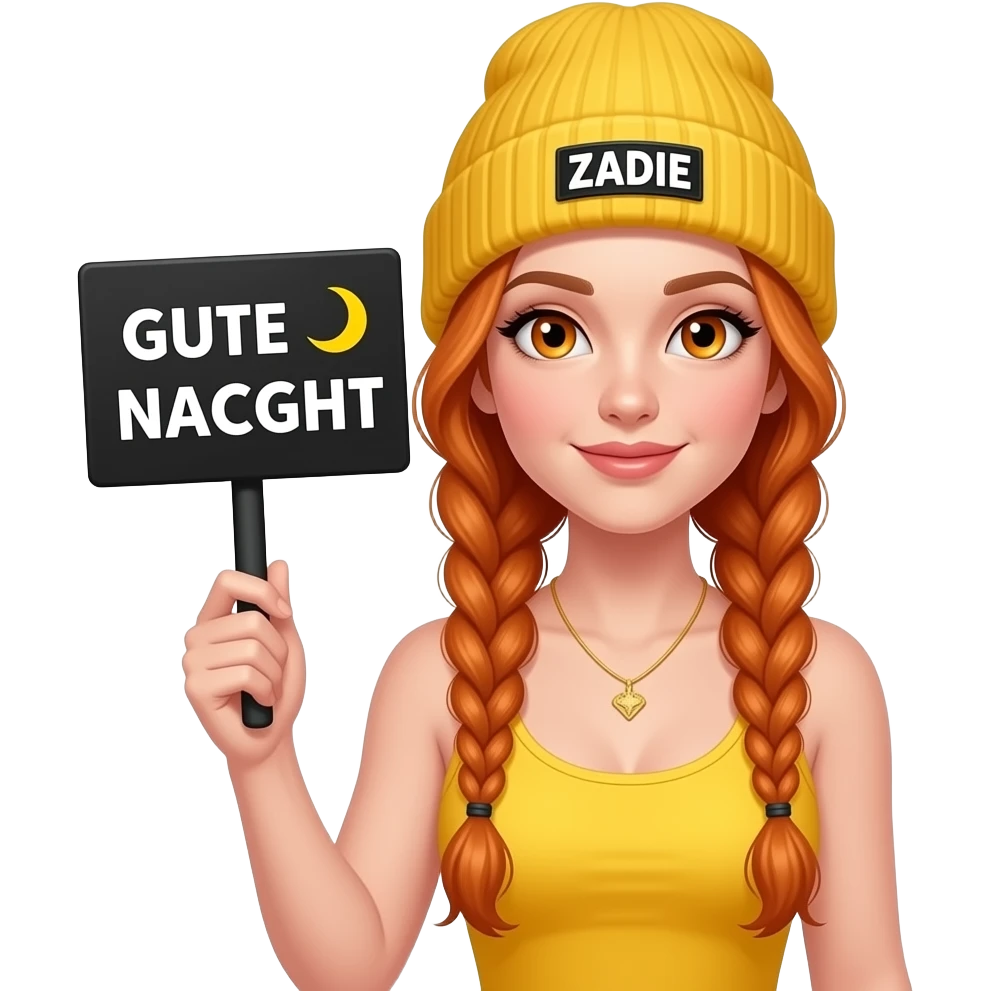 sexy girl with overlong ginger braids and ginger eyes wearing a yellow tanktop and a yellow beanie with ZADIE written on it, is holding a black sign with GUTE NACHT 🌛 written on it emoji