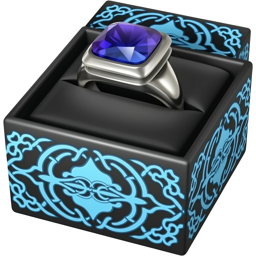 Sapphire ring in a black box with blue ornate trim emoji