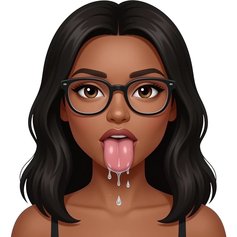 Pretty Black long hair, dark brown Female women wearing glasses ,chocking on big dark brown penis with veins with black hair at the base of penis. mouth drooling watering alot, and spit dripping around mouth. emoji