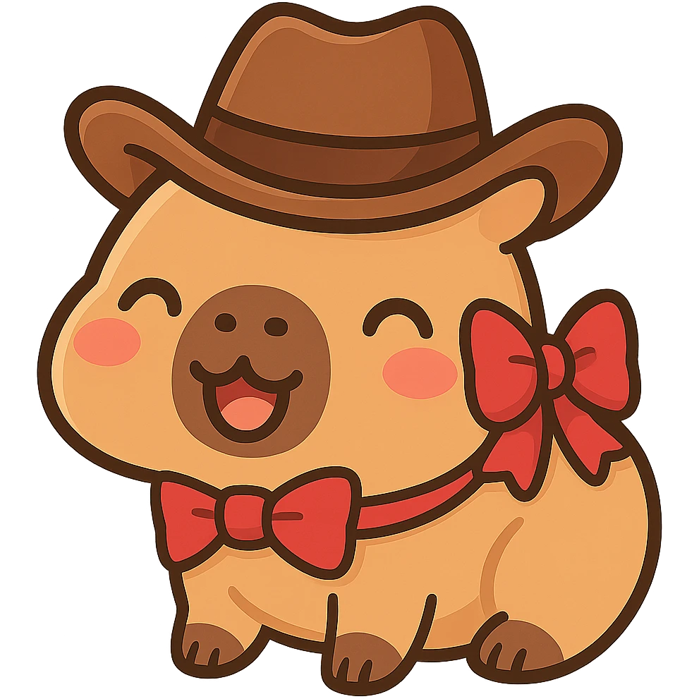 Add a red bow to the capybara wearing a cowboy hat, maintaining the chibi stickers style, with a transparent background. emoji