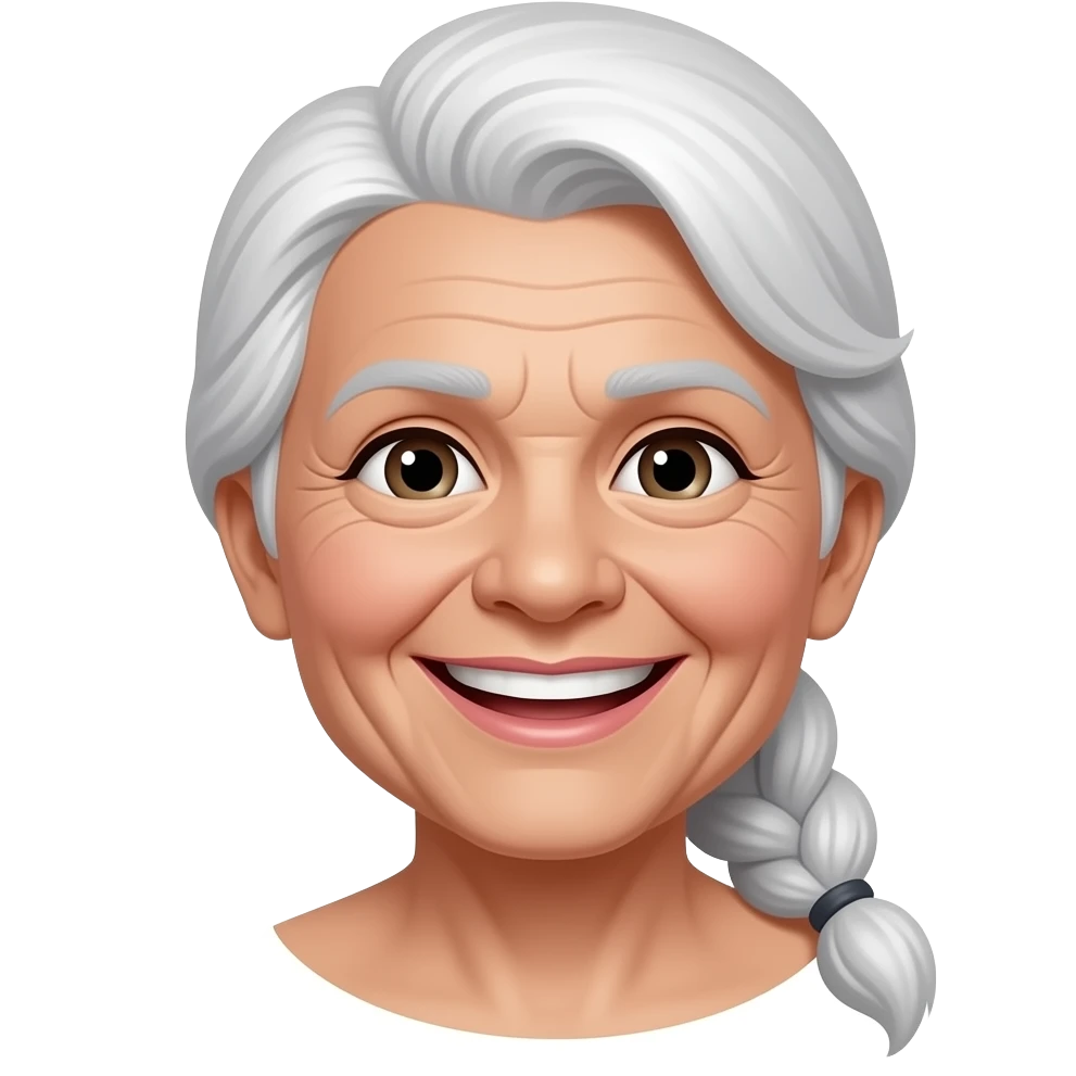 "An old lady with her long white hair gathered into a ponytail is beaming with a bright smile. emoji