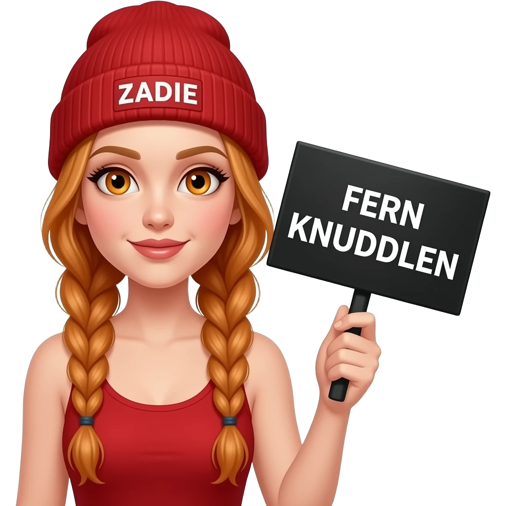 sexy girl with overlong ginger braids and ginger eyes wearing a red tanktop and a red beanie with ZADIE written on it, is holding a black sign with FERN KNUDDELN written on it emoji
