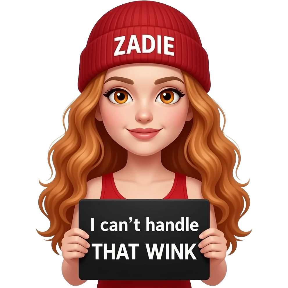 sexy girl with overlong wavy ginger hair and ginger eyes wearing a red tanktop and a red beanie with ZADIE written on it, is holding a black sign with I can't handle THAT WINK written on it emoji