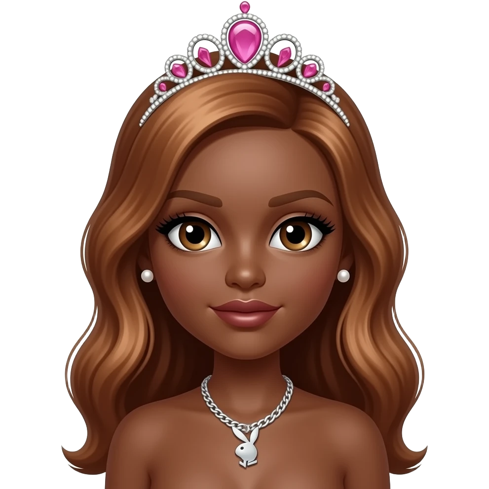 Dark brown skin, Doll shaped face, doll eyes, pink tiara, copper hair, playboy necklace, no bra, Pearl earrings studs emoji