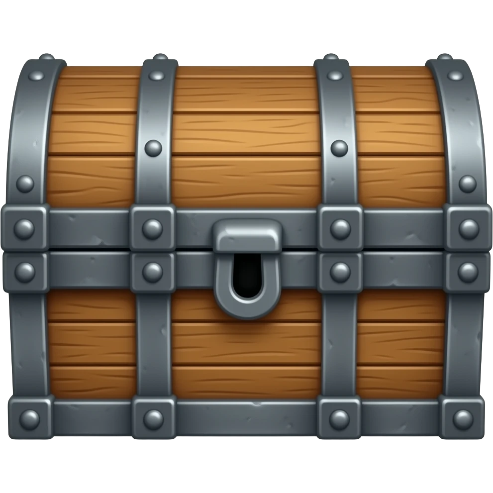 Hyper-realistic, Wooden treasure chest with iron fittings, closed, facing forward emoji