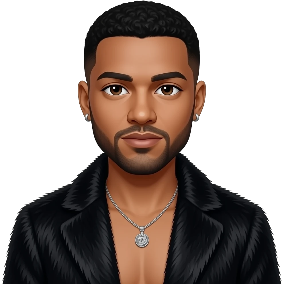 Jussie Smollett with dark brown eyes, black buzz cut hair, black fur coat, black metallic baggy pants, shirtless with necklace and earrings emoji