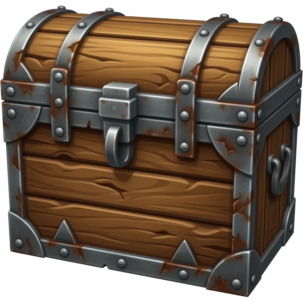 hyper-realistic, Plain looking battered wooden chest with iron straps, closed, facing forward emoji