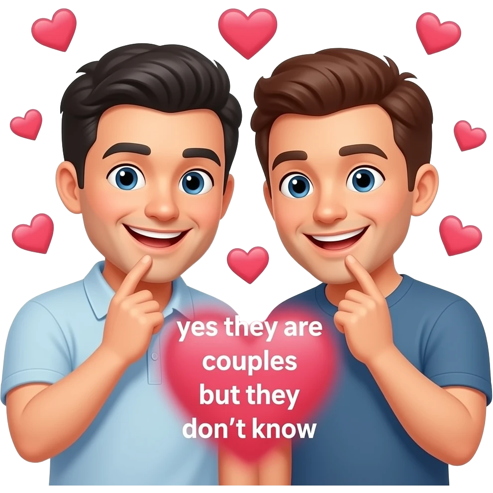 dos hombres sonrientes en secreto con un fondo de corazones dispersos, como si fueran novios en la vida real pero en redes sociales son solo 'amigos', y que diga entre ellos: 'sí son novios pero no lo saben'. Cute pero con humor. emoji