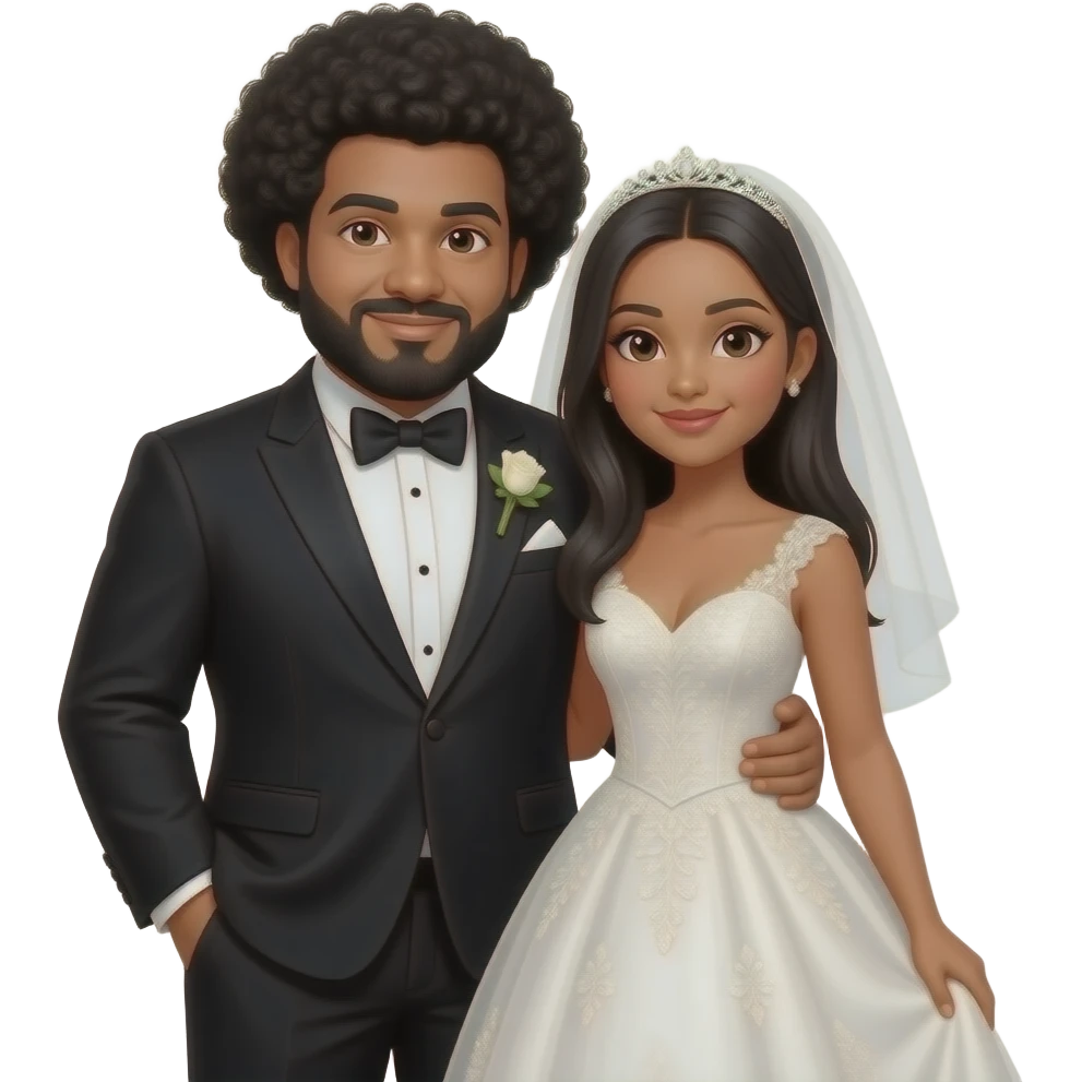fat chubby couple male: with beard, and large black afro latino wearing black tuxedo with his arm around woman: wearing wedding dress, tanned skin, long black straight hair, emoji