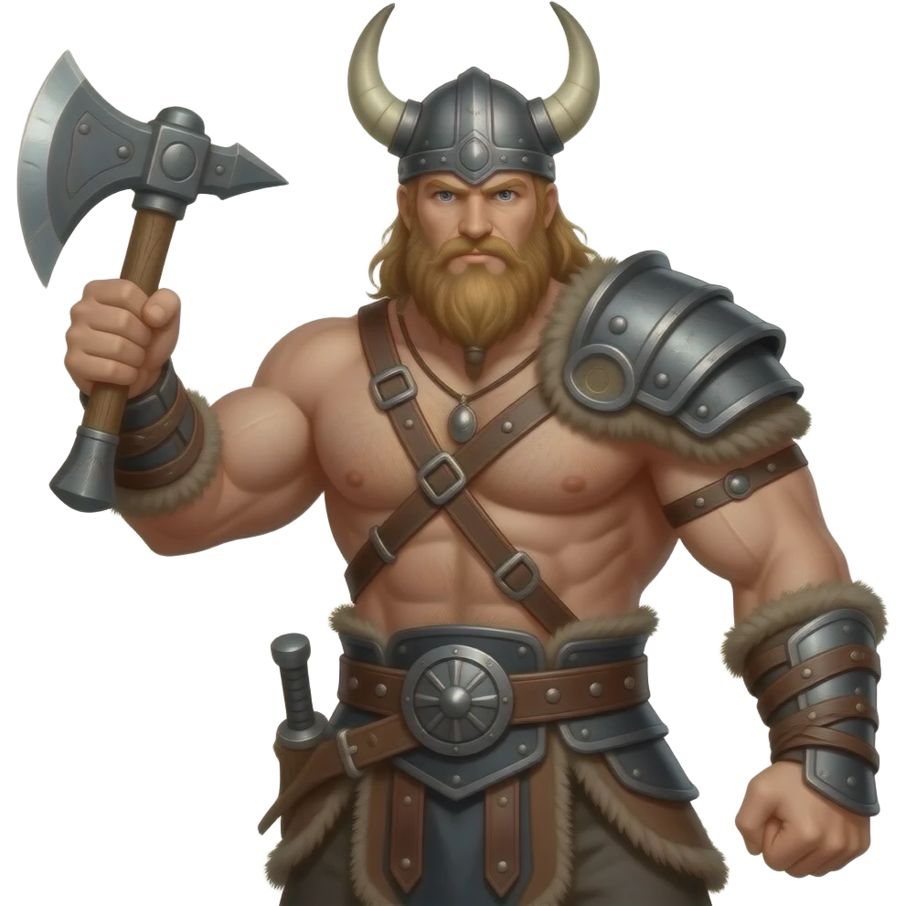 Vikinger mit nackten muskulösem körper und einer behaarten und starken Brust, mit Leder Riemen und Schulterpanzer. Er schwinkt eine Axt und trägt ein Helm mit Hörnern und hat ein langen Bart emoji