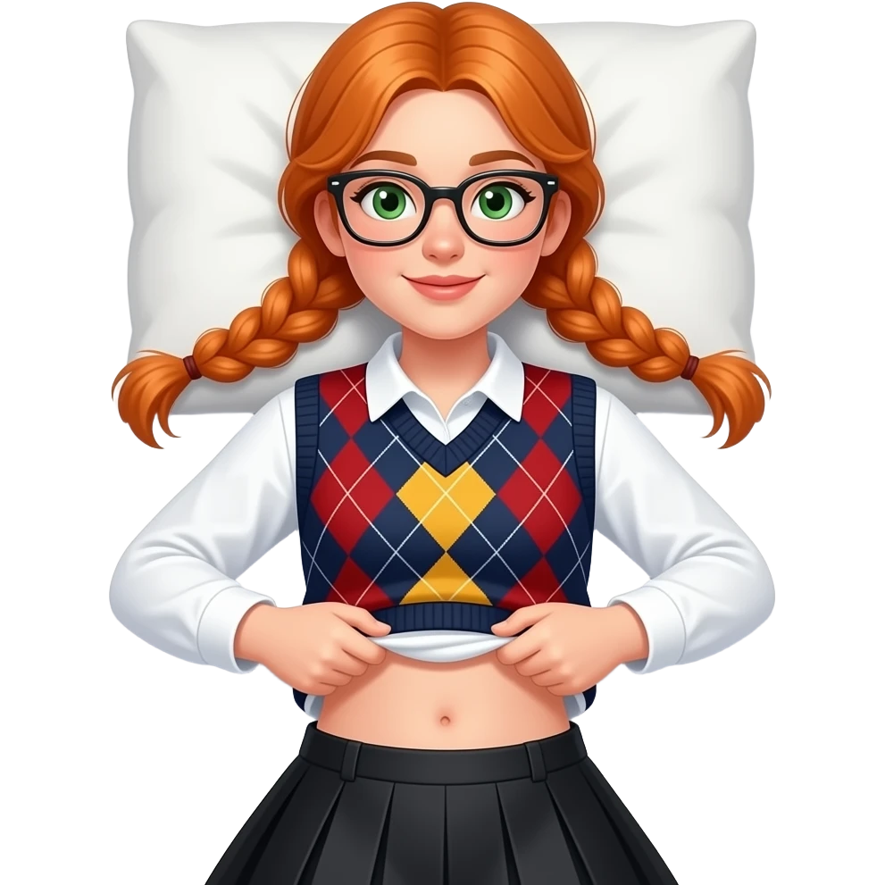 17 year old white woman green eyes orange braided pigtails rectangle glasses white long sleeved polo argyle dark blue red and yellow vest black skirt showing feet laying down on her pillow in bed lift her shirt up to show belly emoji