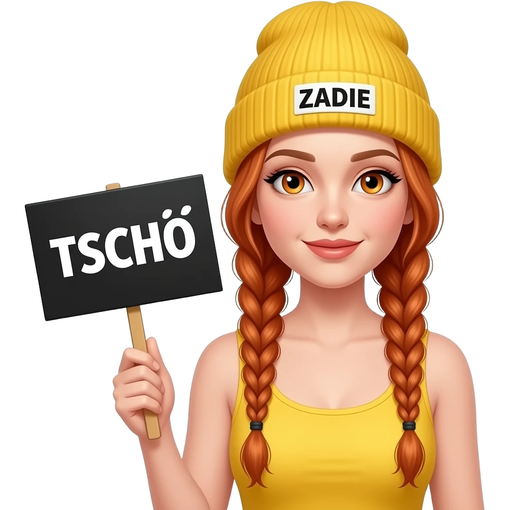 sexy girl with overlong ginger braids and ginger eyes wearing a yellow tanktop and a yellow beanie with ZADIE written on it, is holding a black sign with TSCHÖ written on it emoji