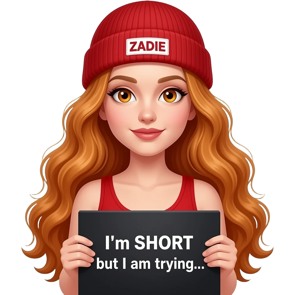 sexy girl with overlong wavy ginger hair and ginger eyes wearing a red tanktop and a red beanie with ZADIE written on it, is holding a black sign with I'm SHORT but I am trying... written on it emoji