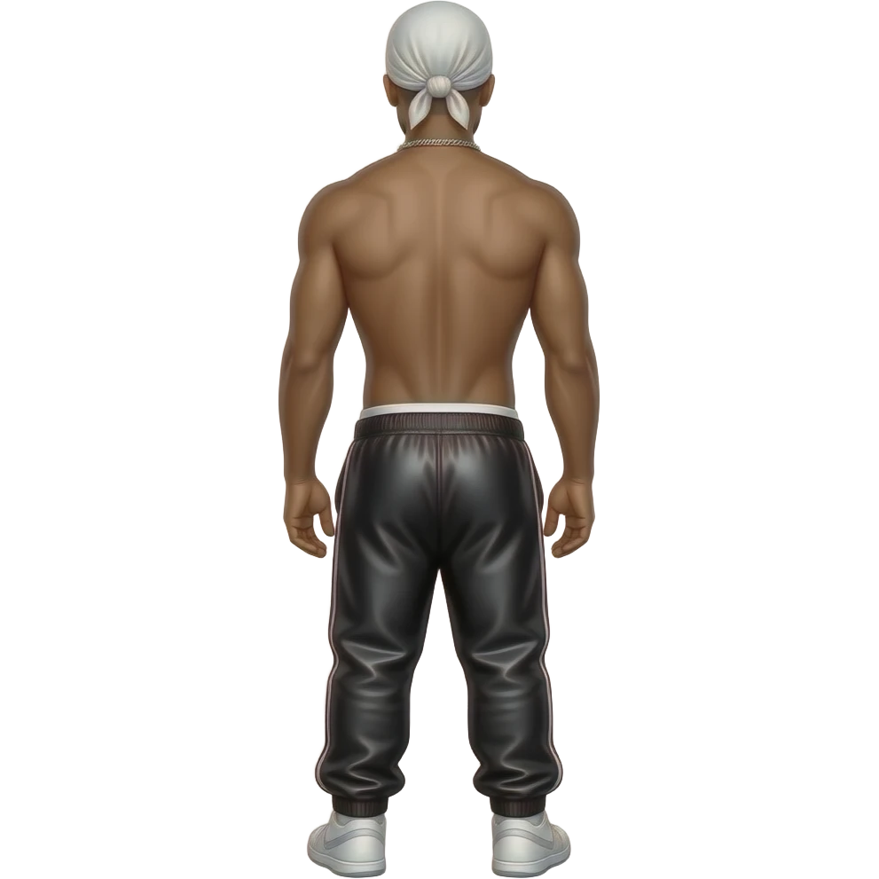 Tupac from behind with bald, white headscarf, black metallic saggy joggers with white undies, shirtless with necklace emoji