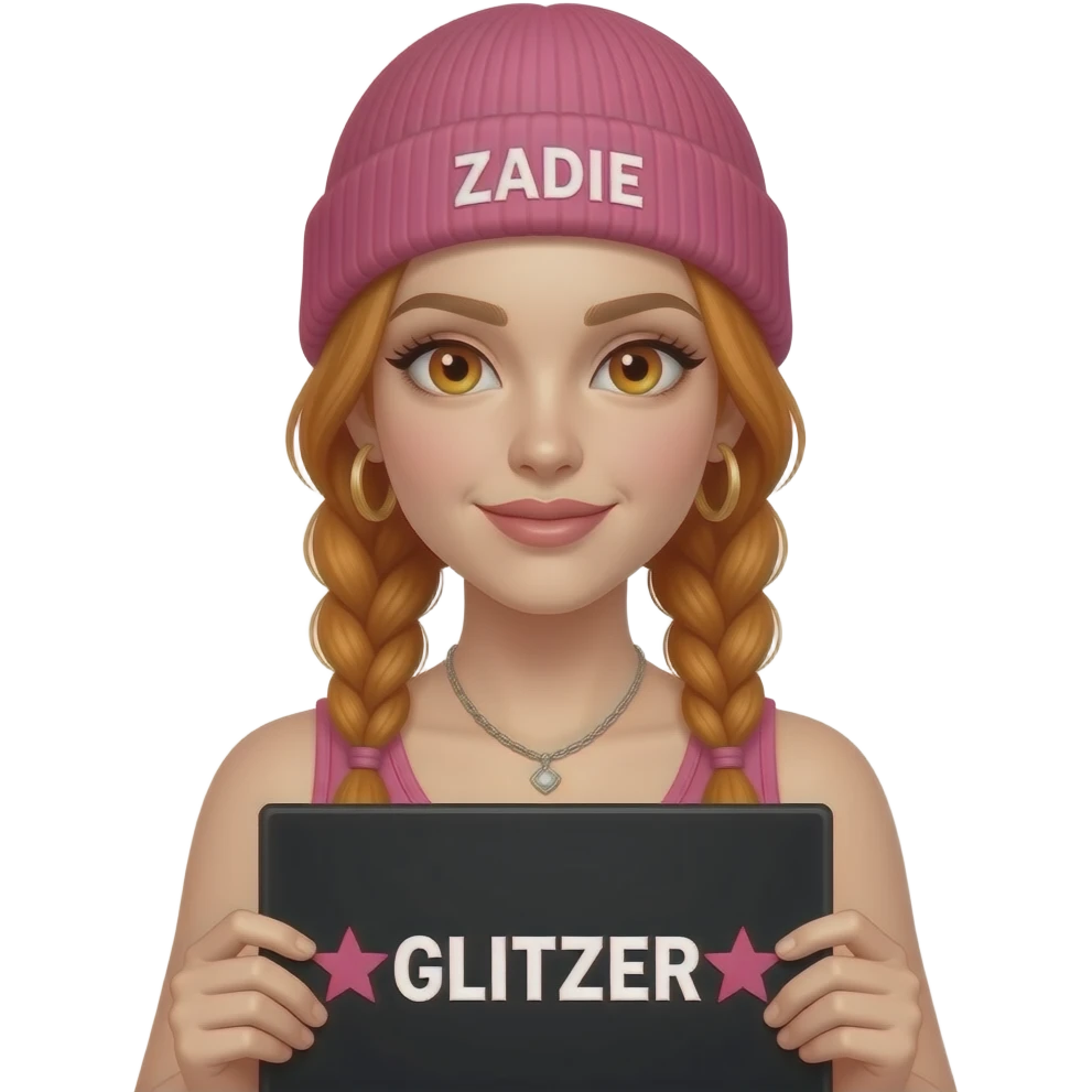 sexy girl with overlong ginger braids and ginger eyes wearing a pink tanktop and a pink beanie with ZADIE written on it, is holding a black sign with ☆GLITZER☆ written on it emoji