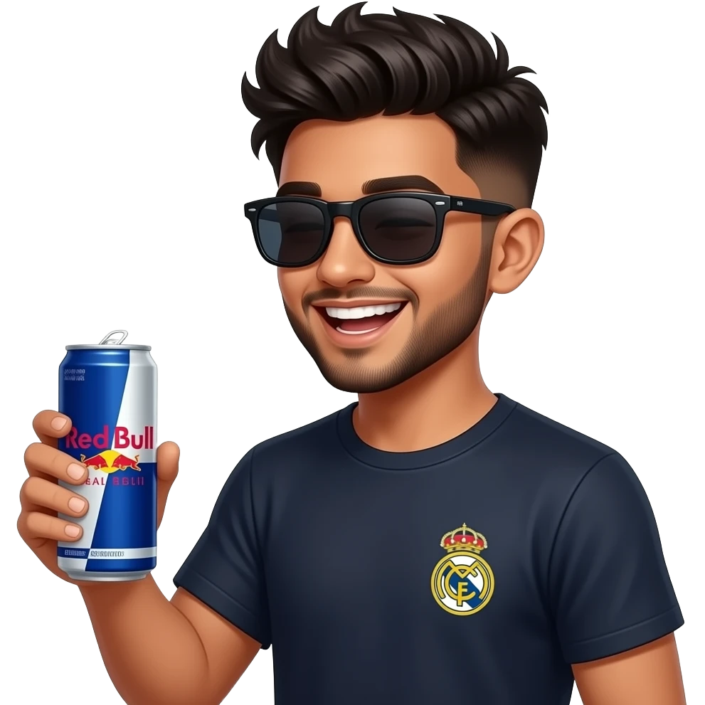 Indian young boy, athlete build laughing,, late teens, with light trimmed beard, side heavy fades with messy spikes hairstyle, drinking canned Red Bull with big dark black wayfarers and littleReal Madrid logo tshirt emoji