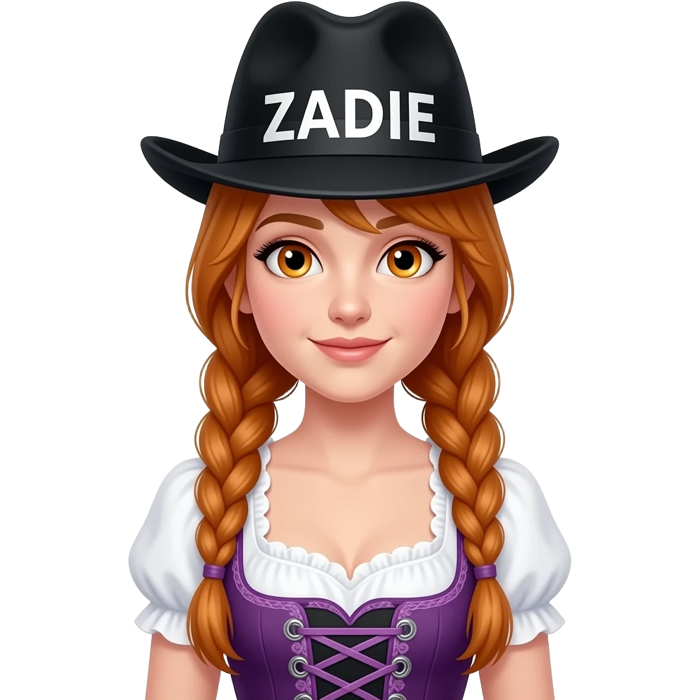 sexy girl with overlong ginger braids and ginger eyes is wearing a purple dirndl and a black bavarian hat with ZADIE written on it emoji