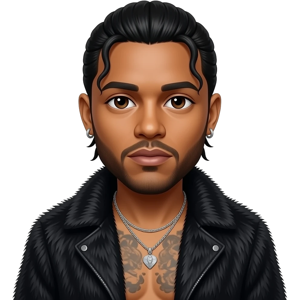 The Weeknd with dark brown eyes, black low ponytail hair, black fur shawl, black metallic baggy pants, shirtless with necklace and earrings emoji