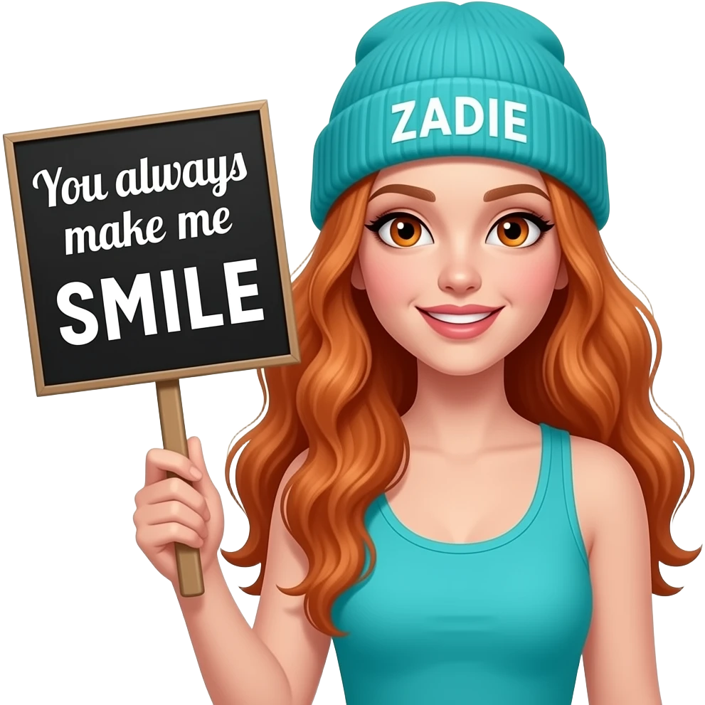 sexy girl with overlong wavy ginger hair and ginger eyes wearing a turquoise tanktop and a turquoise beanie with ZADIE written on it, is holding a black sign with You always make me SMILE written on it emoji
