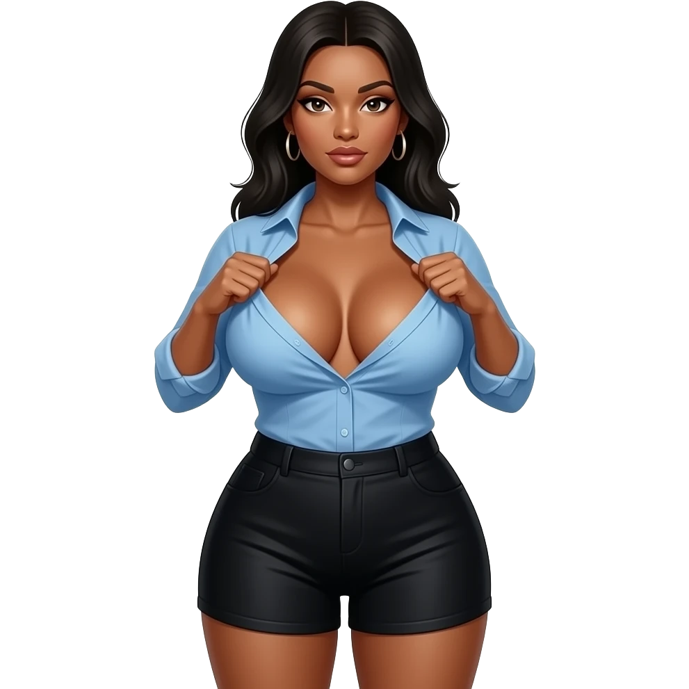 A light skin tone and black hair woman, using a blue shirt and black shorts. The woman lifts the shirt, showing the gigantic breasts emoji